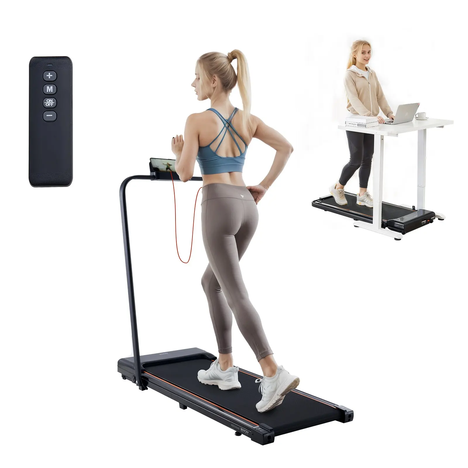 Tapis roulant sous le bureau. Tapis de course pliable et portable, 2,5 chevaux, vitesse 1-10 km/h, capacité de charge 120 kg, avec barres d'appui, adapté à la maison, au bureau et à la salle de sport.