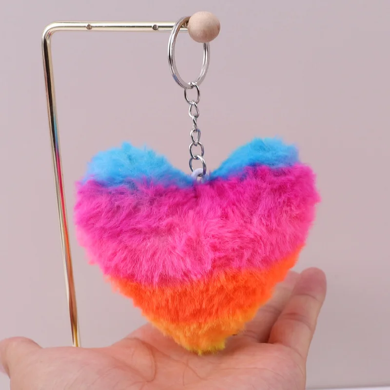 100pcs/lot Wholesale Rainbow Heart Furry Keychain Pendant Cute Plush Backpack School Bag,Deposit First to Get Discount much