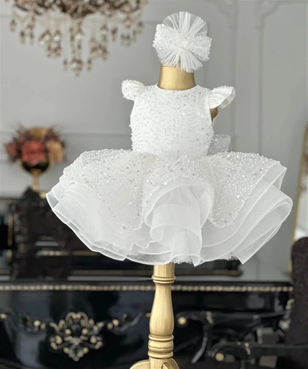 

Customized Glitter White Flower Girl Dress For Wedding Sequined With Bow Puffy Princess Birthday Party First Communion Ball Gown