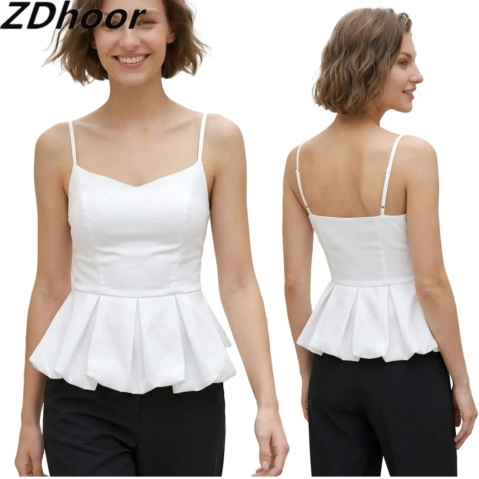 Women Casual Solid Color Camisole Adjustable Spaghetti Straps Ruffled Pleated Tank Top Sleeveless Blouse for Casual Vacation
