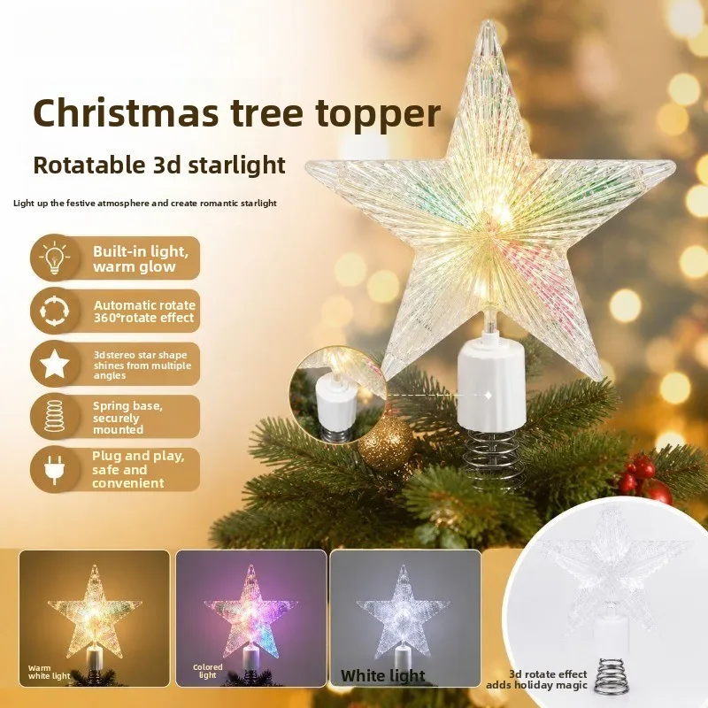 Luminous automatic rotation, Christmas tree top star LED warm light 360 degrees dynamic five-pointed star decoration