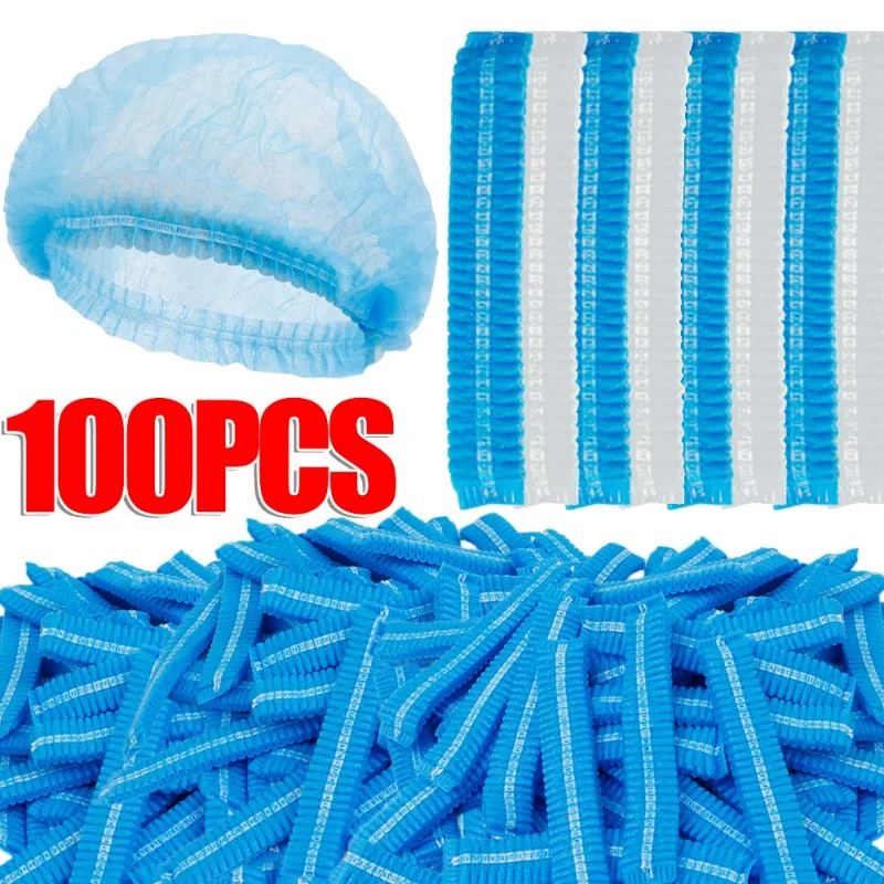 100-50pcs Non Woven Fabric Head Cover Disposable Stretch Net Hair Hat Bouffant Caps Cooking Dust Strip Hat For Kitchen Bathroom