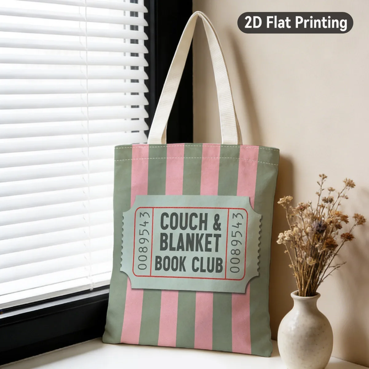 Large Striped Ticket Design Tote Bag Couch and Blanket Book Club Ticket Pattern Ideal for Grocery Shopping Book Club Meeting