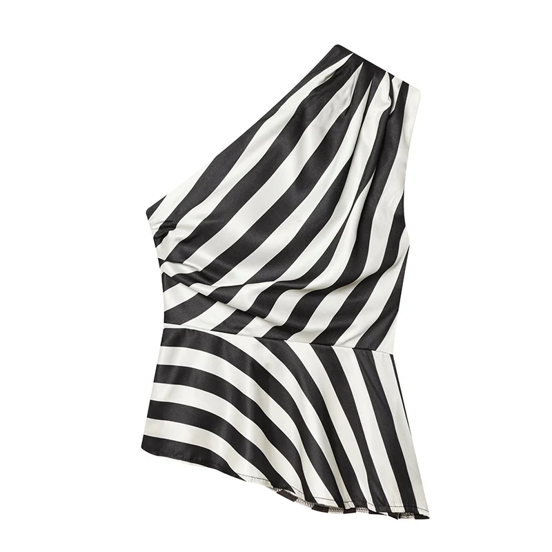 YENKYE New 2026 Women's Striped One Shoulder Sleeveless Peplum Top Draped Asymmetric Hem Party Crop Top Summer Blouse view 3