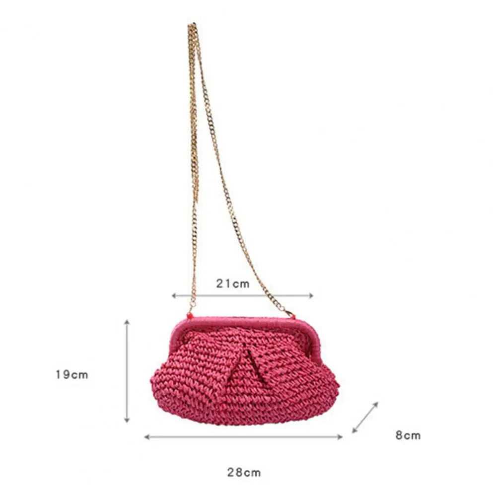 Straw Clutch Handbag Stylish Shell Shape Women's Shoulder Bag with Metal Chain Straw Braided Design Capacity for Commuting