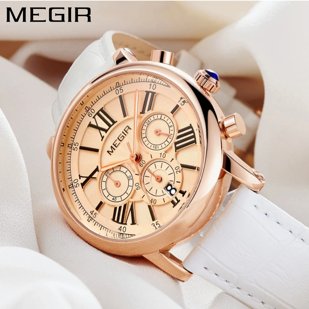 MEGIR Luxury Fashion Quartz Watch for Female Student White Genuine Leather Waterproof Quartz Chronograph Women Wristwatch