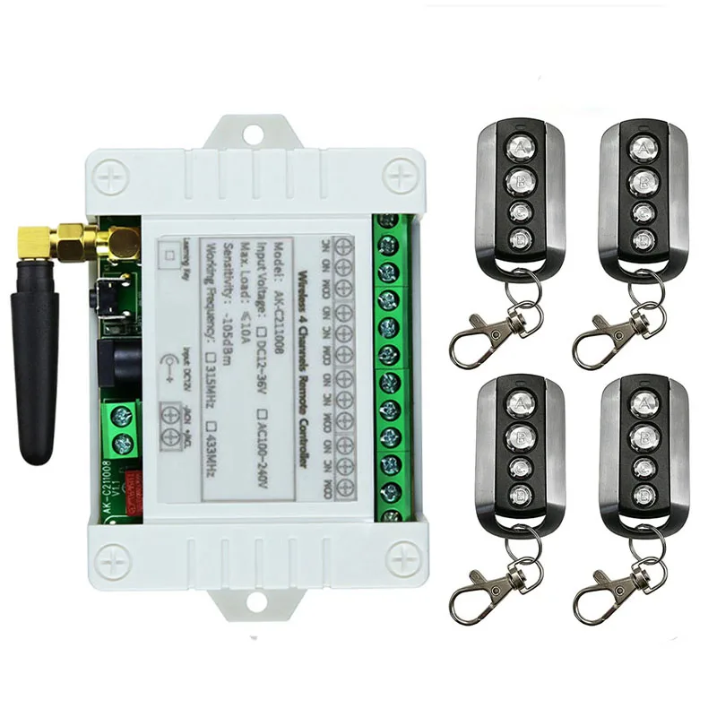 

Smart MultipleDC 12V 24V 36V 10A 433MHz 4 CH 4 Channel Wireless Relay RF Remote Control Switch Receiver + 4CH Metal Transmitter