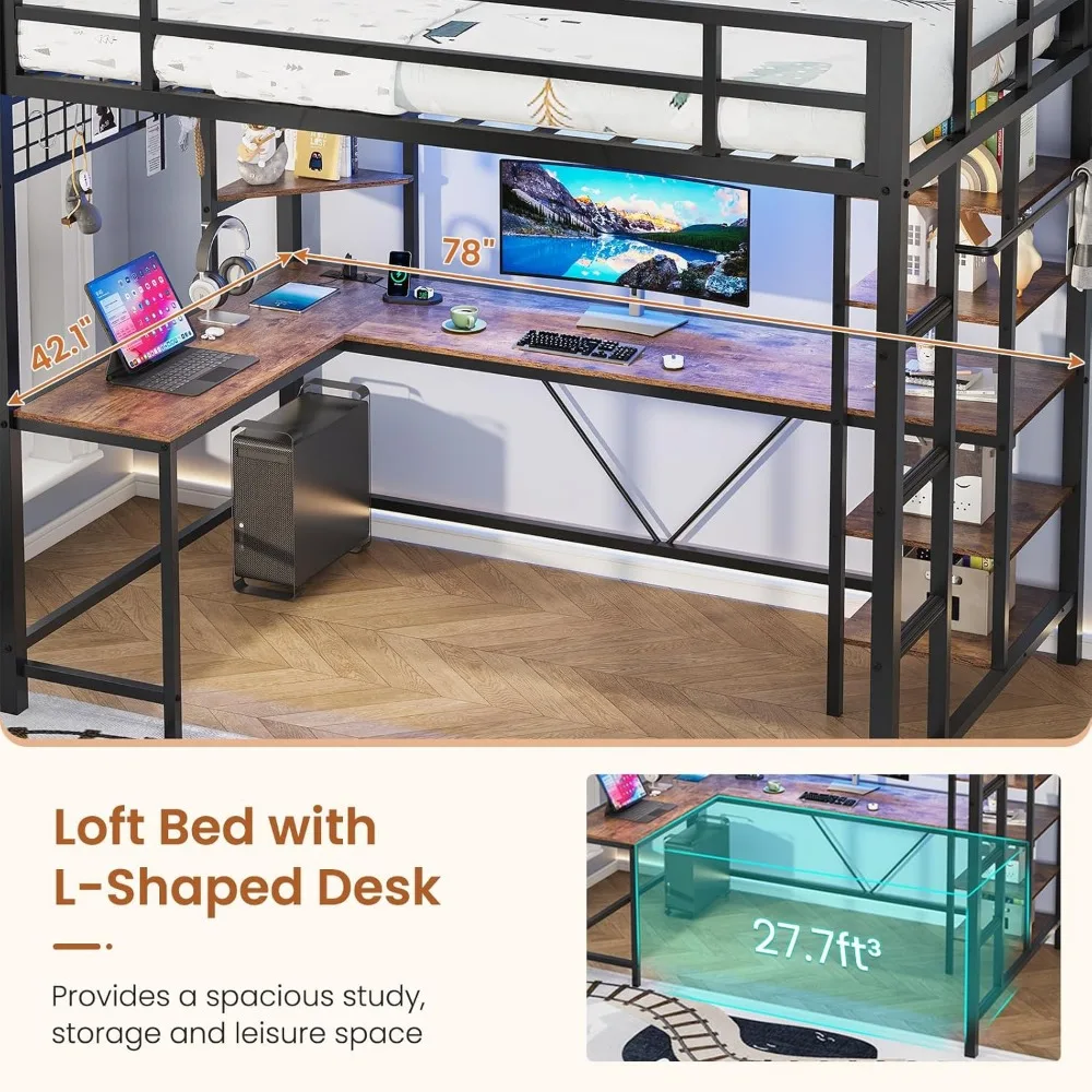 سرير علوي مزدوج مع مكتب على شكل حرف L و6 أرفف تخزين، سرير علوي بحجم مزدوج مع محطة شحن، وأضواء LED، وواقي أمان وسلم