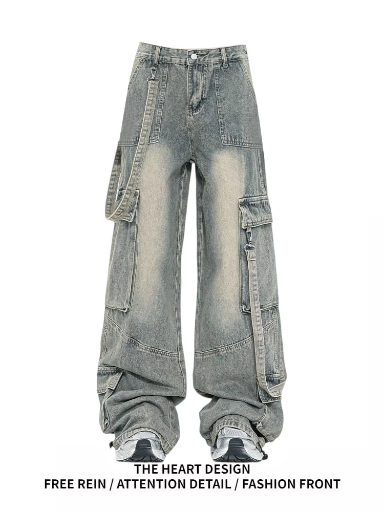 

Ретро-джинсы в американском стиле с эффектом потертости, многокарманные, рабочие, женские, весна-осень, свободные, прямые, широкие брюки, повседневные, с высокой талией, L