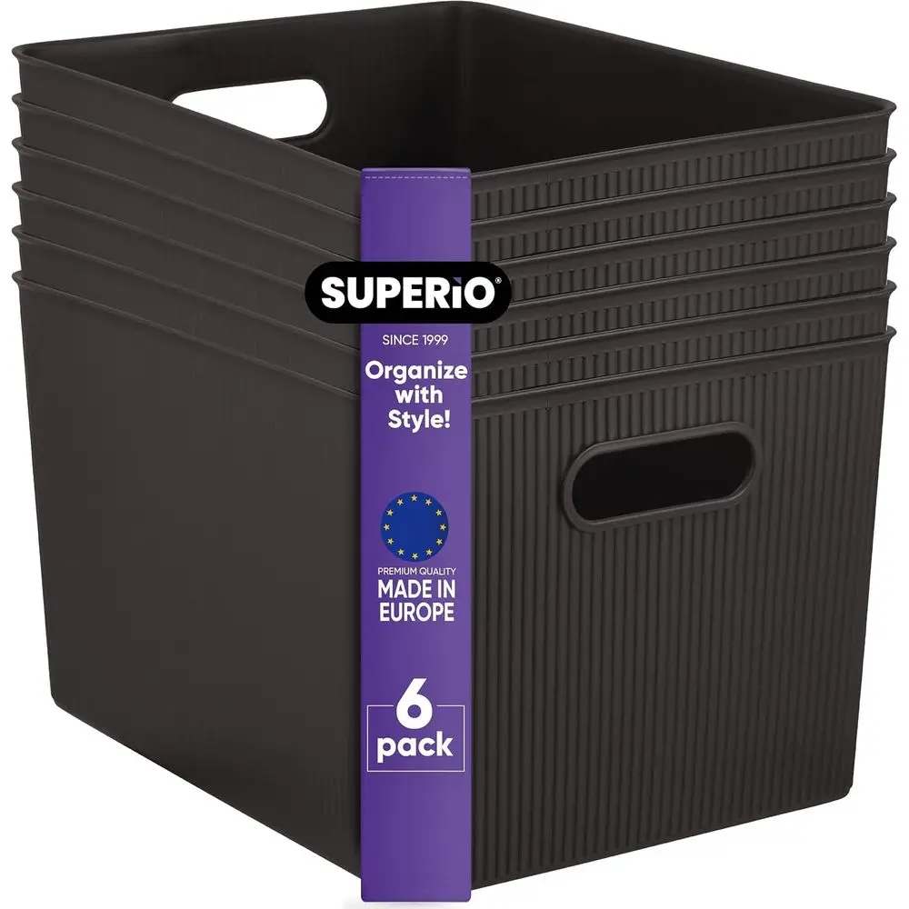 Ribbed Collection - Decorative Plastic Basket Open Home Storage Bins Organizer, X-Large Brown (6 Pack) Container Boxes or Organi