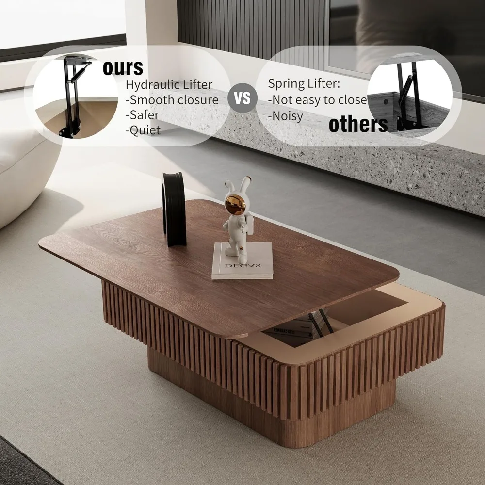 طاولة قهوة مربعة الشكل مقاس 38.6 بوصة، طاولة شاي مخفية حديثة مع مساحة تخزين مخفية لغرفة المعيشة أو الشقة أو المكتب، الجوز