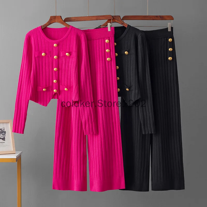 

Spring Pink Women's 2 Piece Outfits Long Sleeve Knit Buttons Sweater Top Wide Leg Pants Lounge Sets Tracksuits Casual 2pcs Sets