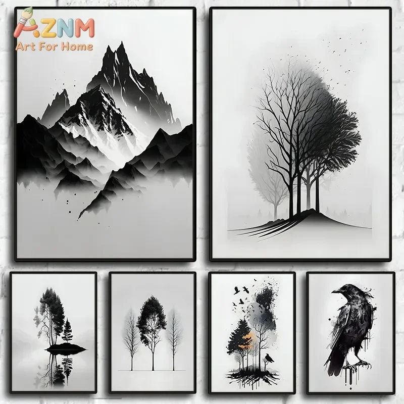 AZNM Black White Ink Mountain Tree Canvas Wall Art, Minimalist Nature Landscape Raven Bird Print, Monochrome Forest Scenery Post