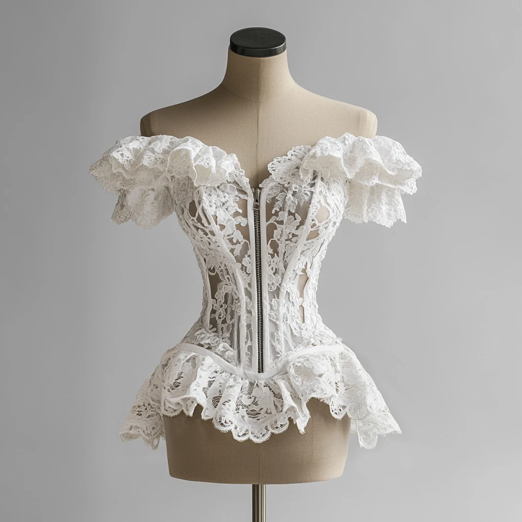 Chemise moulante en dentelle blanche pour femmes, épaules dénudées, manches à volants, coupe cintrée, ourlet à volants, Corset, haut court pour fête, Club, tenue de soirée