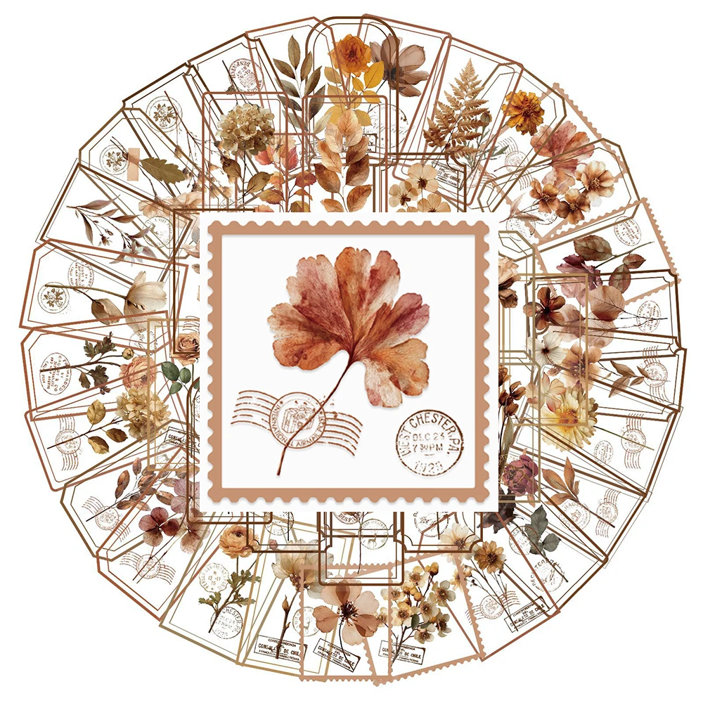 

10/30/50pcs Transparent Brown Flower Stamp Aesthetic Stickers Vintage Decoration Decals for Notebook Phone Bike PET Sticker Pack