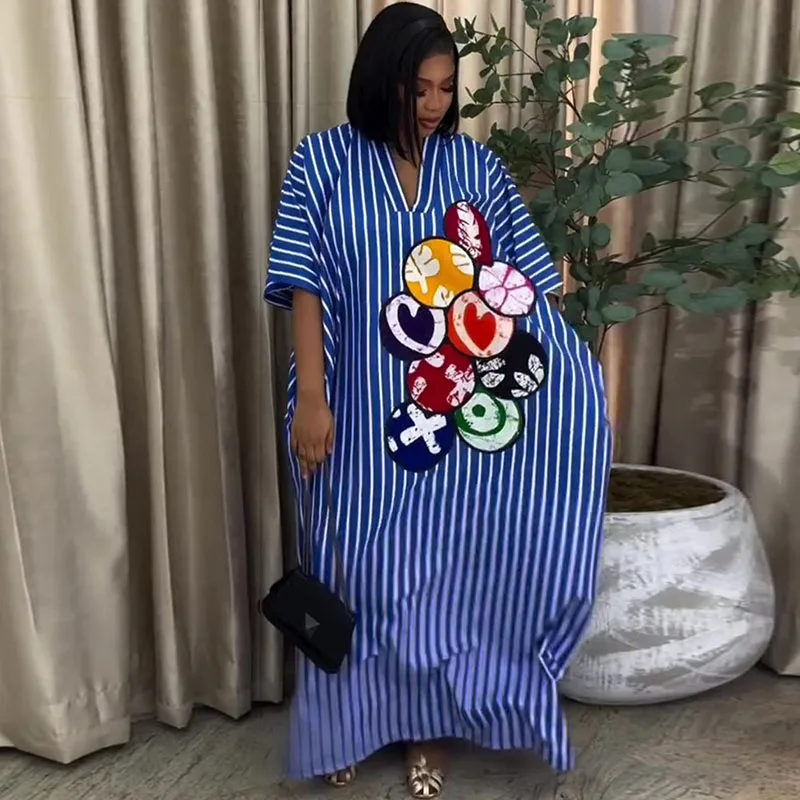 Loose Casual Striped Cartoon Printed Long Dress Women Holiday Beach Batwing Sleeve Straight Pocket Night Club Party Maxi Dresses