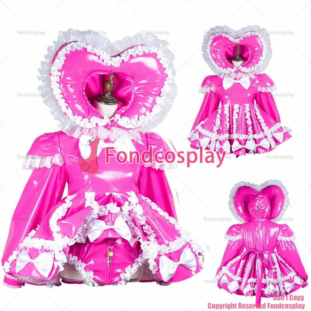 fondcosplay cross dressing sissy maid hot pink thin pvc dress lockable jumpsuits rompers panties Heart hood CD/TV[G3728]