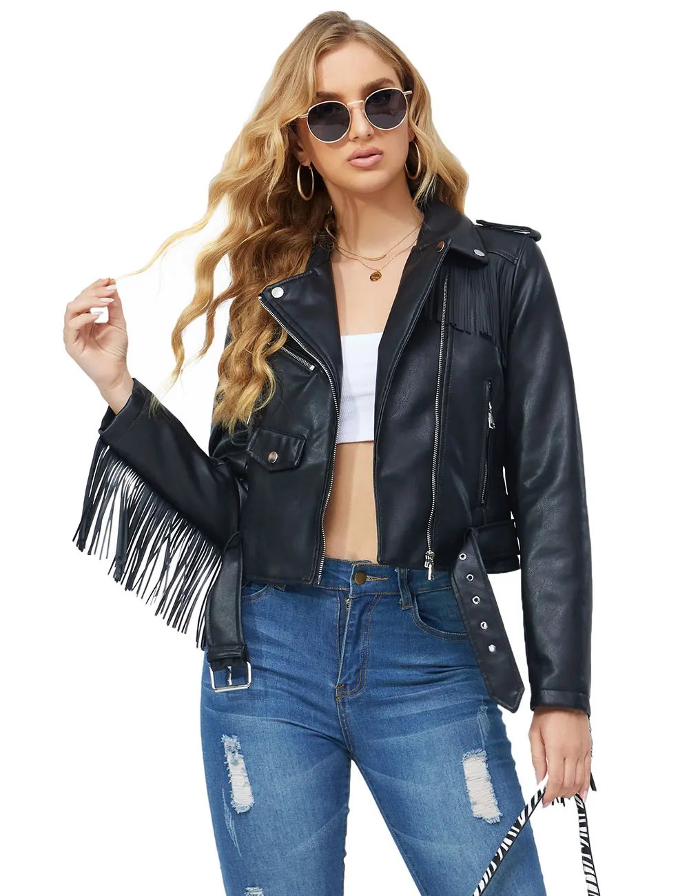 

Giolshon 2022 Spring Autumn Tassel PU Leather Coat Leather Fringed Jacket Short Slim Fit Waist Motorcycle Fashion Women Jacket