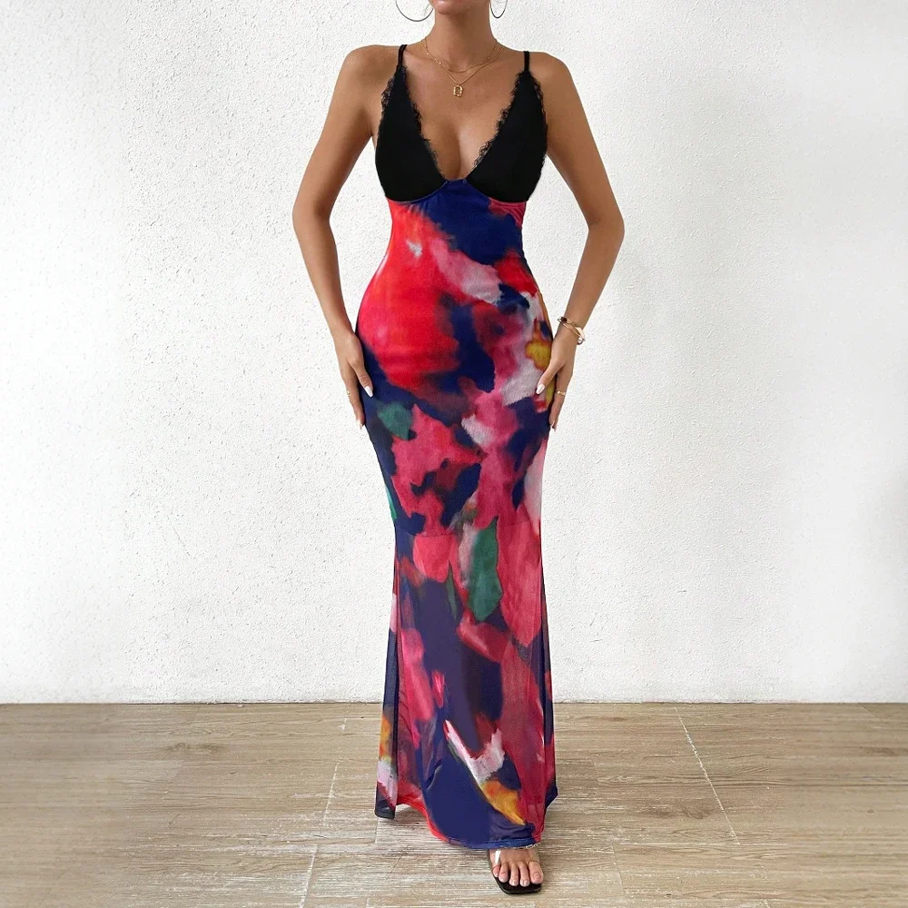 女性のサマードレス蒸し暑いエレガンス花柄 V ネック半袖フィットウエストマーメイドシルエットパーティーウェア ​