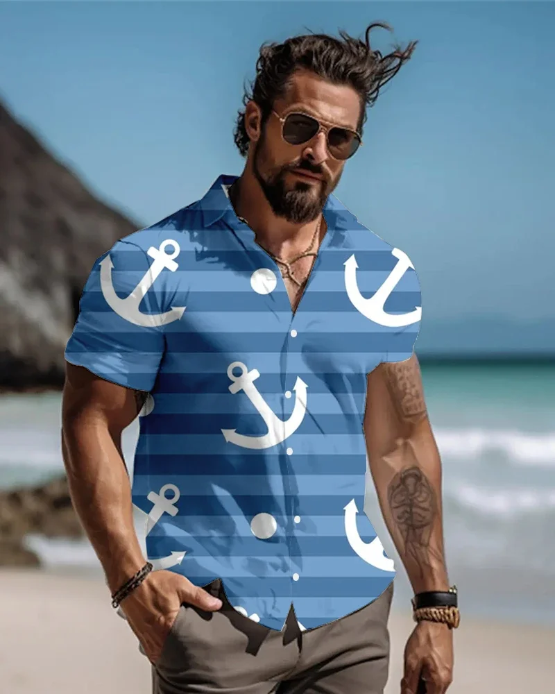 

Hawaiian Men's Short Sleeved Shirt, Sailor Print Shirt, High Neck, Full Front Button, Novel