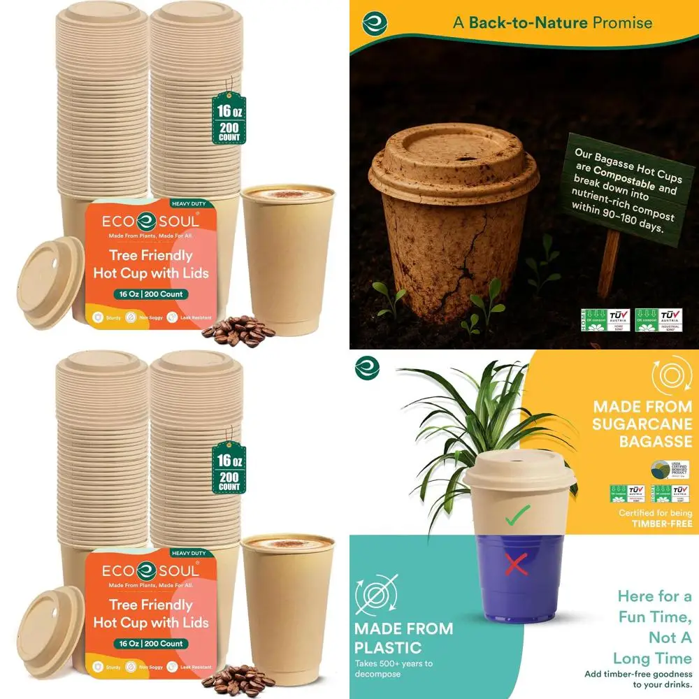 

Биоразлагаемые бумажные стаканы для горячих напитков на 16 унций (200 шт.) с крышками – экологичные, пригодные для использования в микроволновой печи и духовке