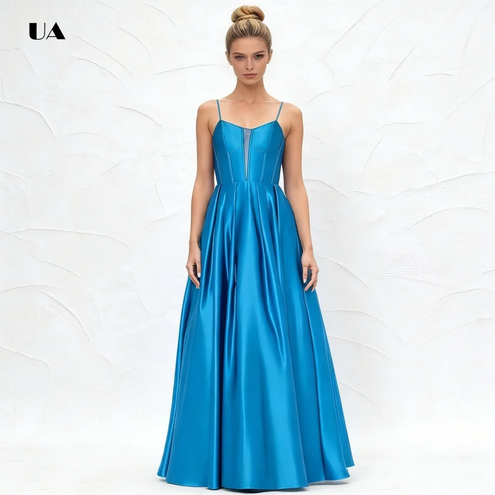 ULBYANRY Schlichtes A-Linien-Abschlussballkleid mit Spaghettiträgern, solides Satin-Abendkleid mit V-Ausschnitt und transparenten Details, individuelles Partykleid