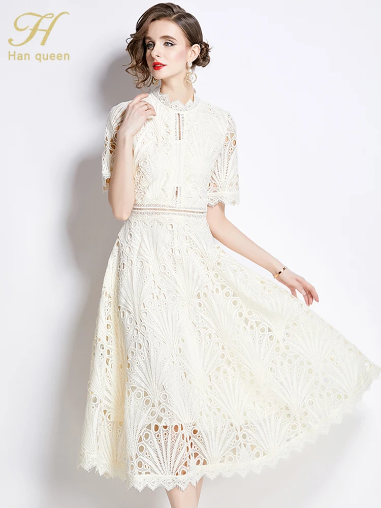 H Han Queen 2024 Spring New Elegant Party Dresses 2024 Floral Crochet Hollow Out Lace Vestido Patchwork Casual Office Midi Dress