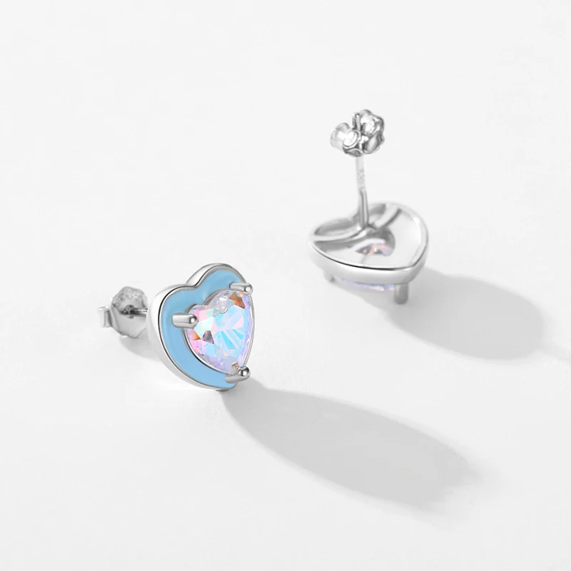Modian 925 Sterling Silver Romantic Blue Enamel Hearts Ear Studs Rainbow Color Zirconia Stud Earrings for Women Wedding Jewelry