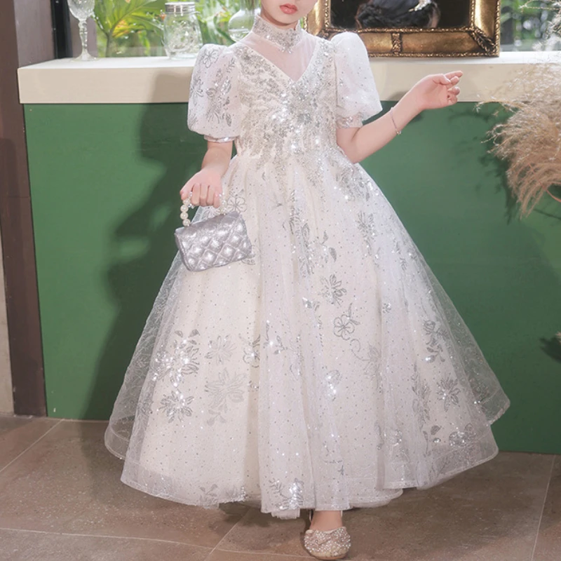 Customized Exquisite High End Half-high Collar Puff Sleeve Dresses Luxury Sequin Flower Appliques Ball Gown Elegant Temperament