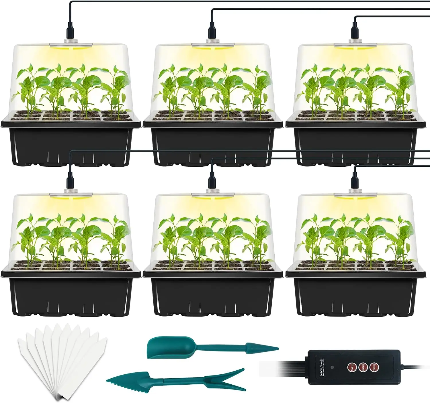 6-Set Seed Starter Tray with Grow Light, Full Spectrum LED, Adjustable Humidity Dome, Timer Controller, 12 Cells Per Tray