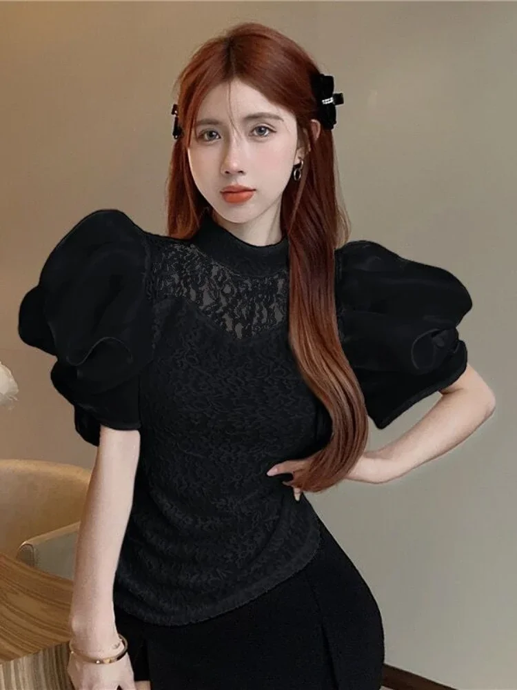 2024 Women Tops Korean Temperament Blouses Stand Neck Lantern Sleeve Vintage Shirts Sweet Lace Hollow Out Blusas Mujer