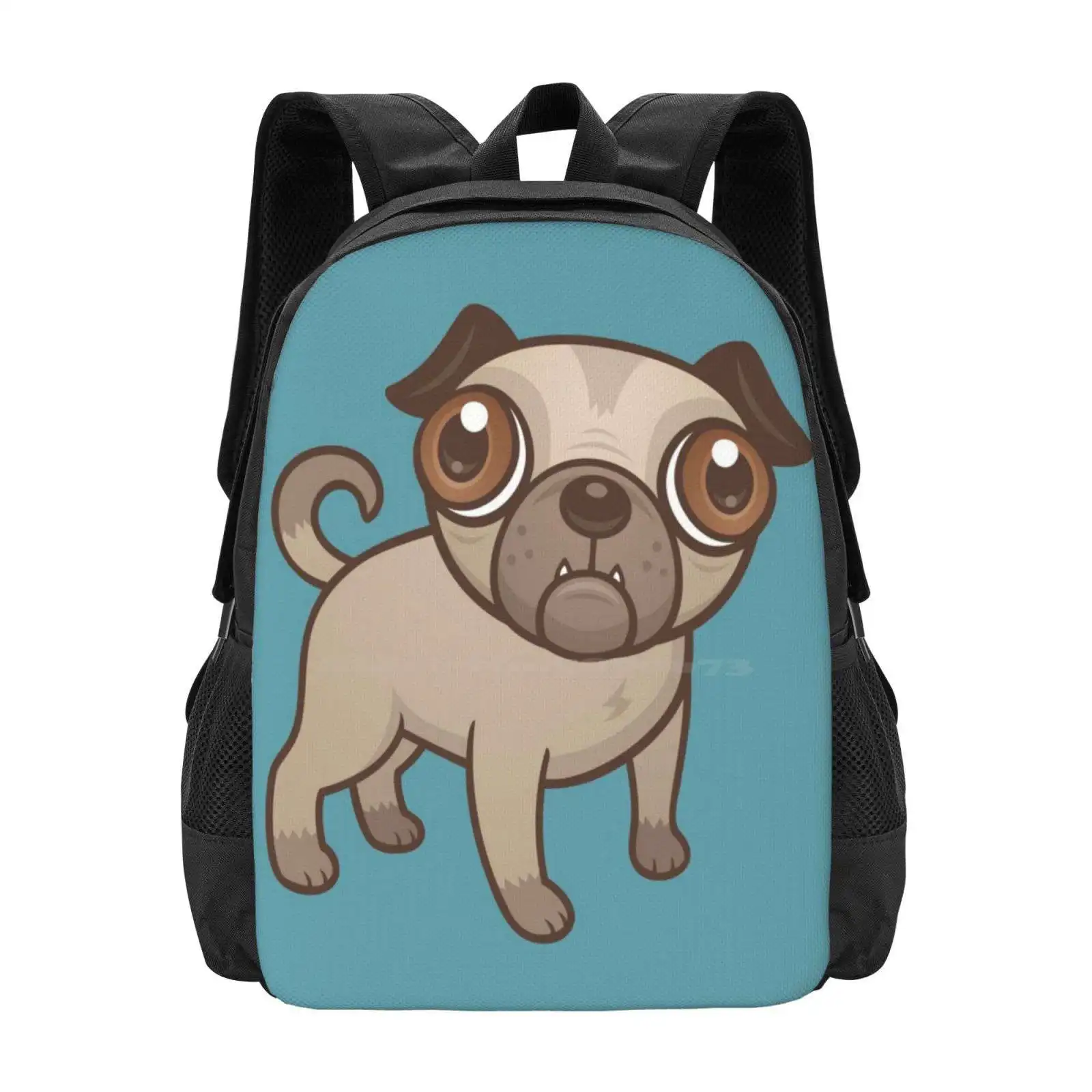 Pug Puppy Cartoon 3D Print Design Backpack Student Bag Brown Bulldog Canine Cartoon Cute Pet Puggle Puppy Tan Vector