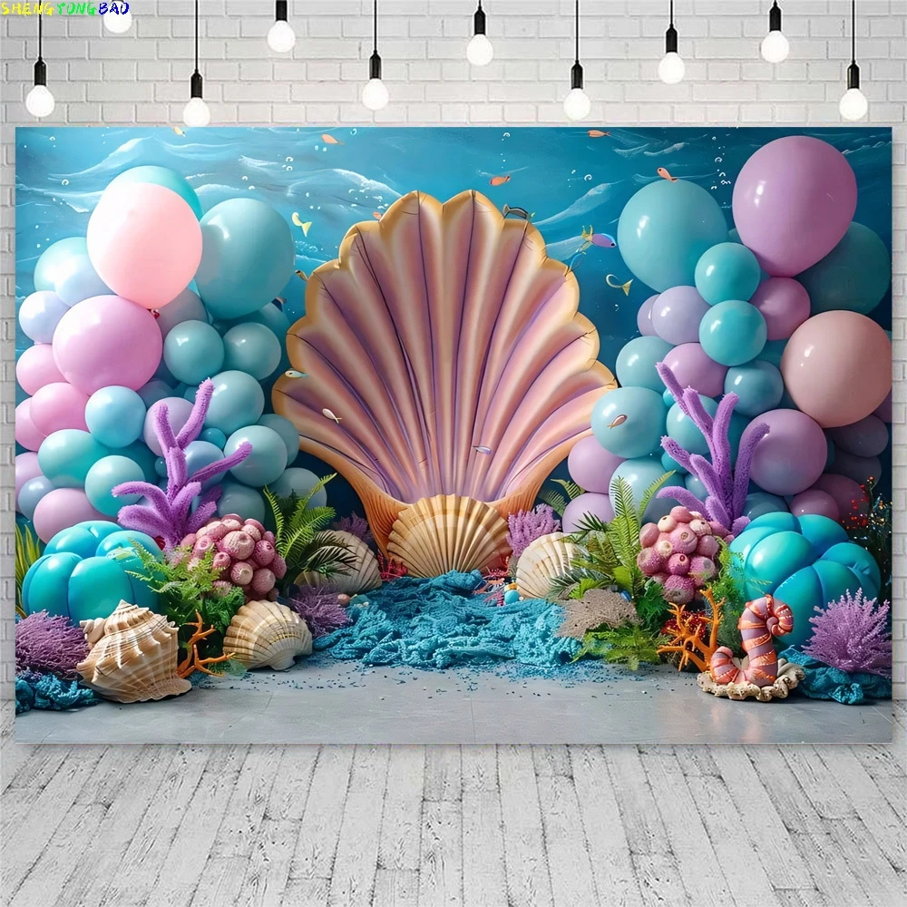 Photography Background Little Mermaid Shell Balloon Princess Birthday Cake Smash Portrait Decor Backdrop Photo Studio
