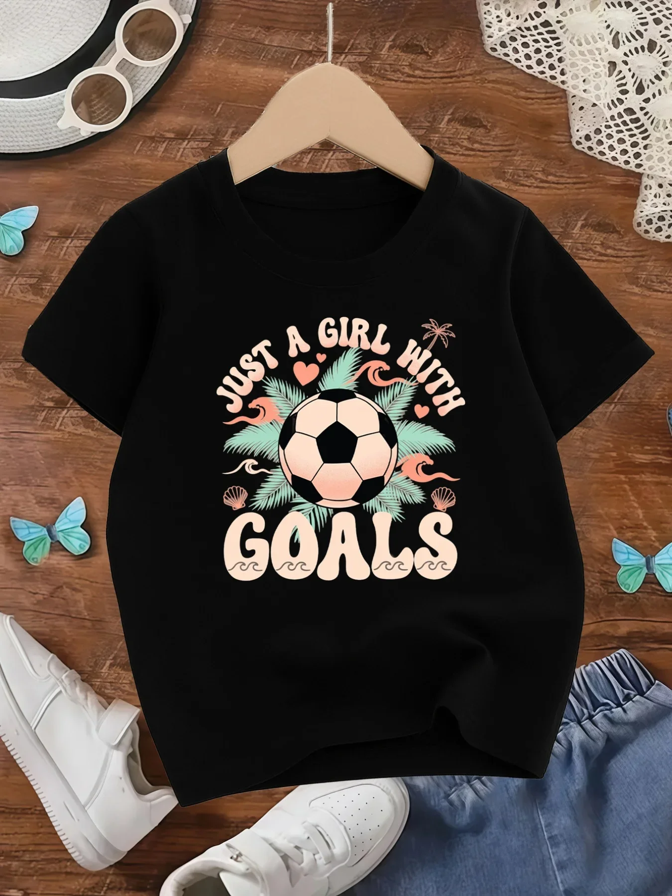 Girls Short Sleeve T Shirt Just A Girl With Goals Soccer Tropical Leaf Print Crew Neck Kids Summer Casual Sports Tee Top