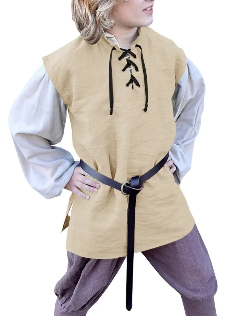 Mittelalterliches Kostüm für Jungen und Kinder, Cosplay, Renaissance-Outfit, Weste, Tops, ärmellos, Wikinger-Piratenhemd, Baumwoll-Leinen-Tunika-Hemd, ohne Gürtel – Detail 8