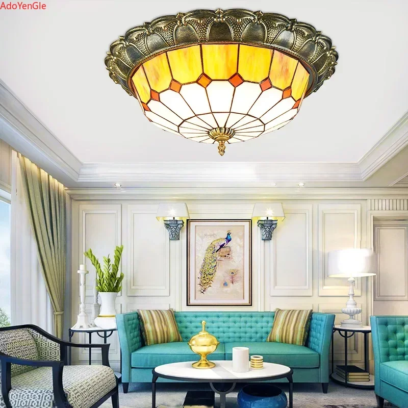 Modern Vintage Mediterranean LED Tiffany Ceiling Light Glass Decorative Lamp For Living Room Bedroom Dining Room Hotel Home