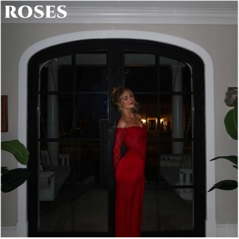 ROSES Red Sexy Prom Dress Lace Off-Shoulder Evening Dresses  for Woman Hollow Long Sleeves Prom Gown robes du soir Customized