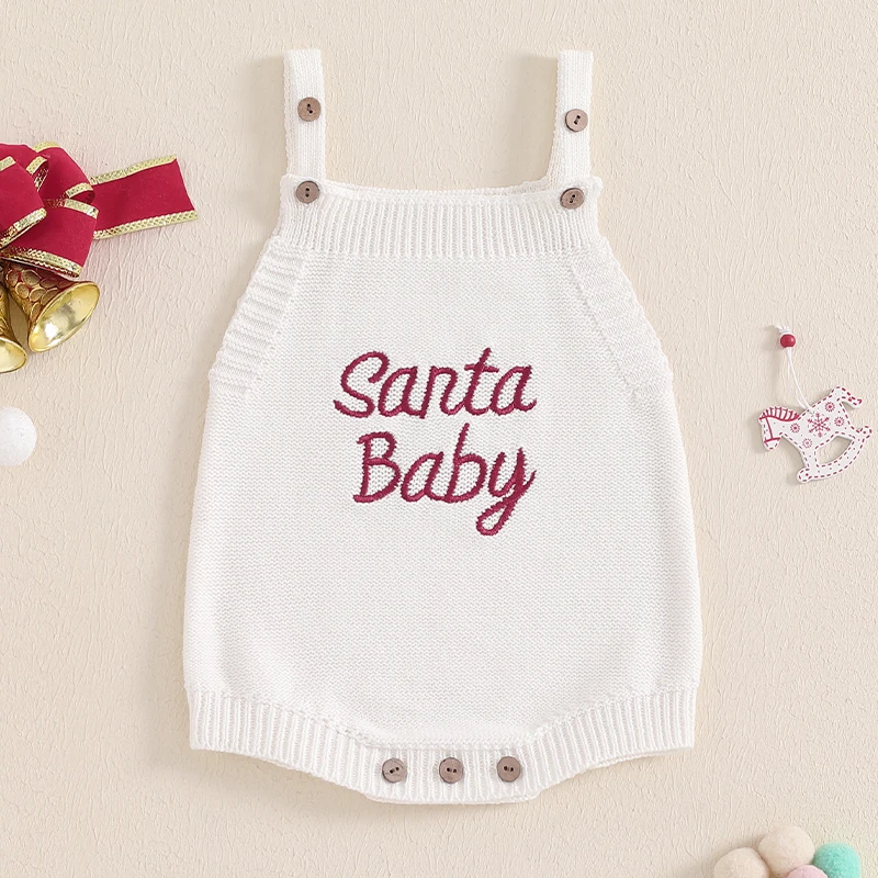 Baby Christmas Knit Overalls Sleeveless Square Neck Letter Embroidery Sweater Romper