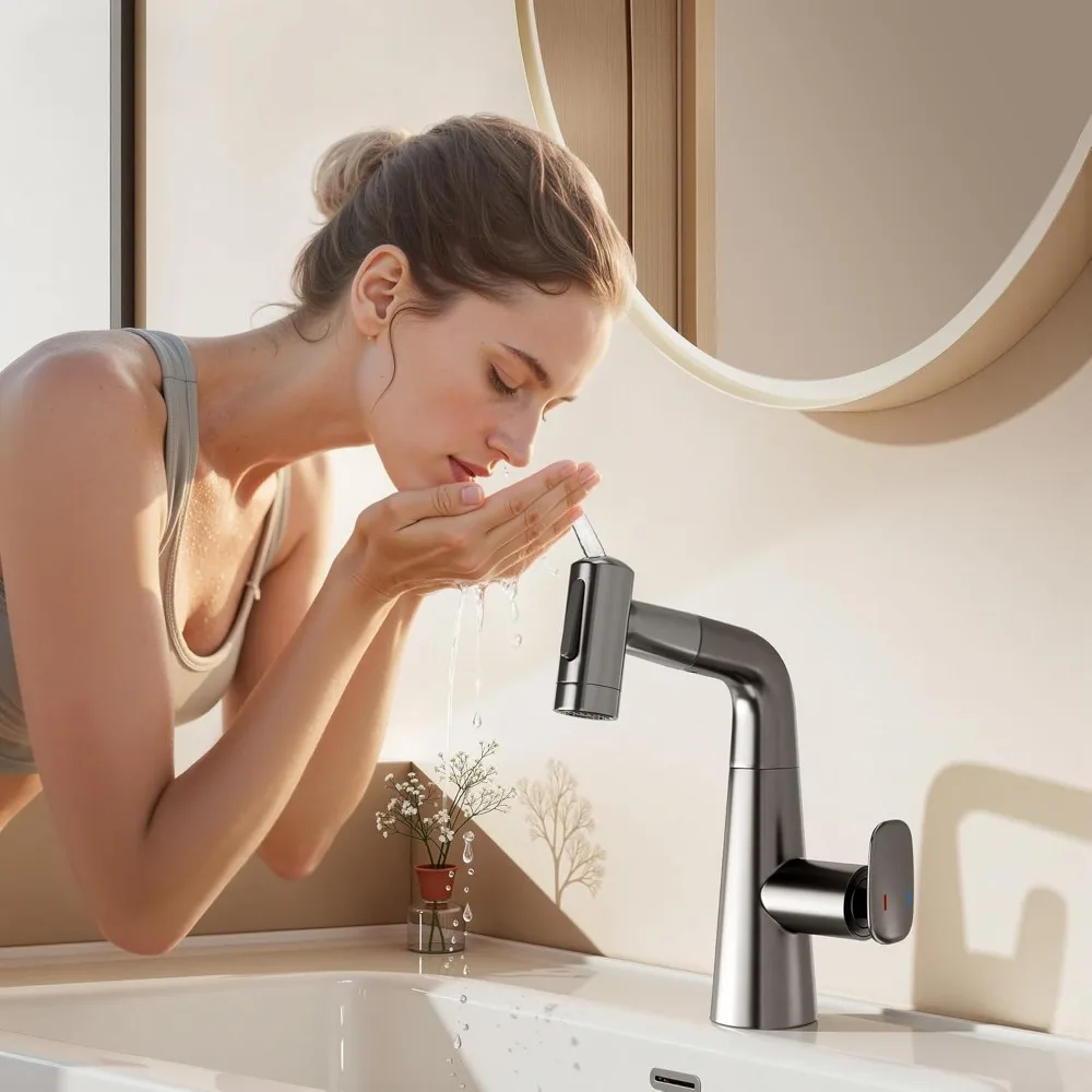 

Adjustable Height Sink Faucet with 360-Degree Swivel and 3-Mode Water Outlet Sprayer