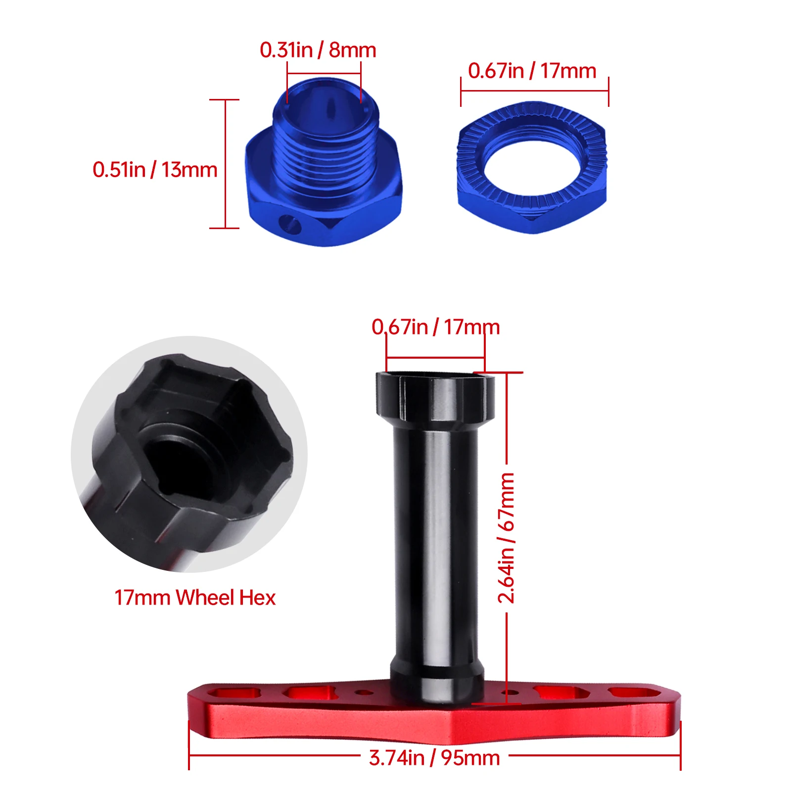 HobbyPark 17mm Aluminum Hex Wheel Hubs & Nuts W/Wrench for RC Traxxas E-Revo, Revo 3.3, E-Maxx, Summit