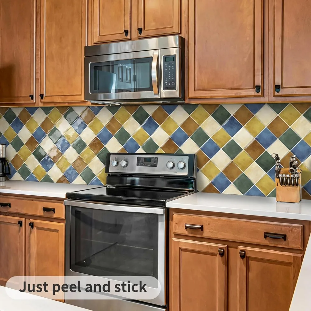 Piastrelle colorate per backsplash da cucina, bagno, quadrate, autoadesive, per piastrelle da parete, adesivi a scacchiera, multico