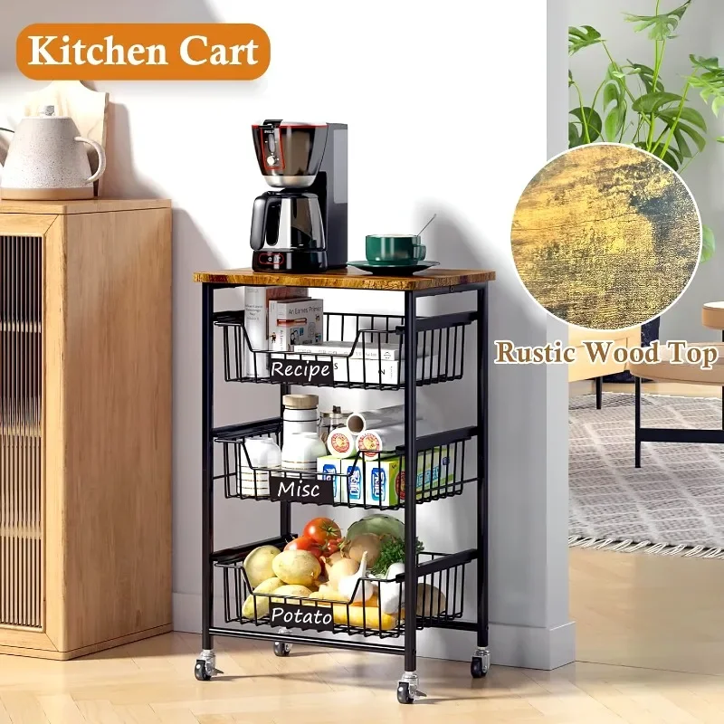 

Small Kitchen Storage Cart on Wheels, Metal Fruit Basket Stand with Pull-Out Baskets