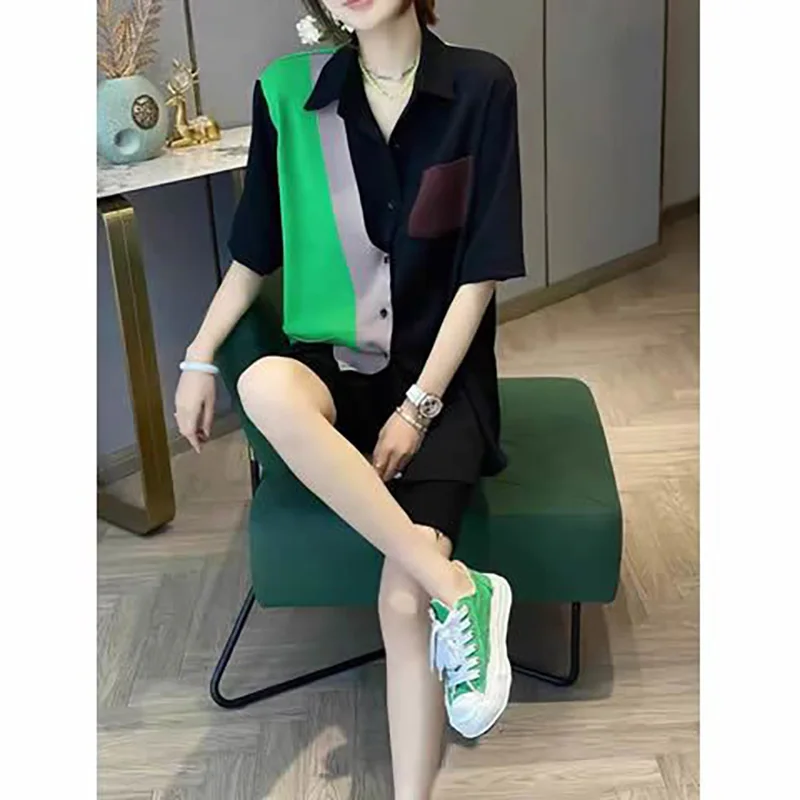 Fashion Lapel Spliced Pockets Asymmetrical Shirt Women\'s Clothing 2023 Summer Oversized Casual Half Sleeve Tops Korean Blouse