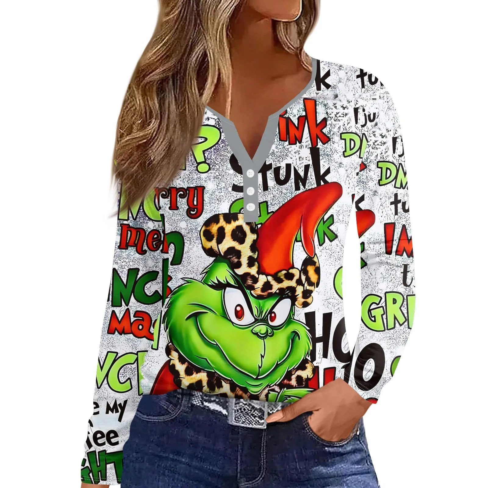 Women\'s Straight Shoulders Christmas Print Long Sleeve Straight Shoulders V-Neck Button T-Shirt Top