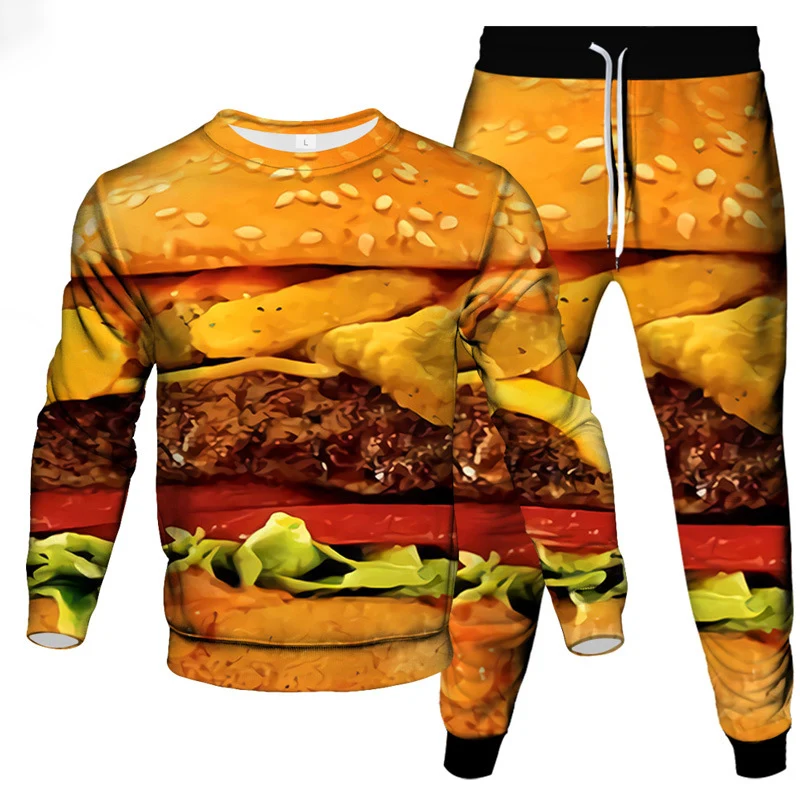 Sweat-shirt et pantalon de jogging sportifs pour hommes et femmes, impression 3D imbibée, mode décontractée, hamburger et concombre, ensemble de 2 pièces