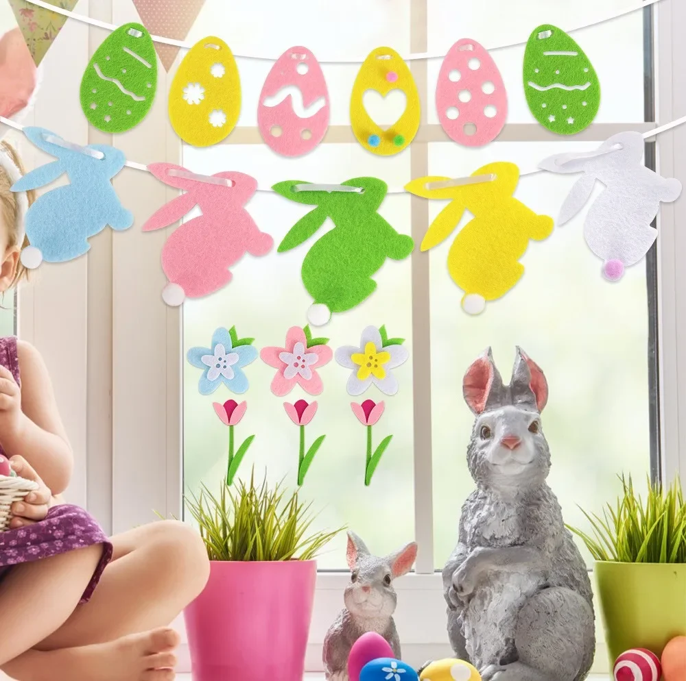 Felt Colorful Egg Rabbit Banner Easter Party Background DIY Non-woven Fabric Chicken Lily Flower Decor Garland Window Sticker