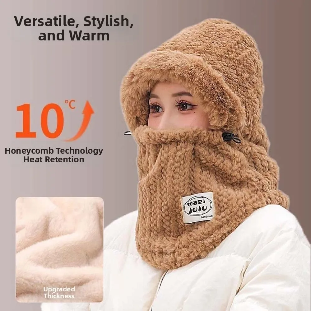 

Plush Winter Integrated Scarf Cap Soft Thickened Pullover Mask Cap Big Head Circumference Adjustable Cold Proof Scarf Keep Warm