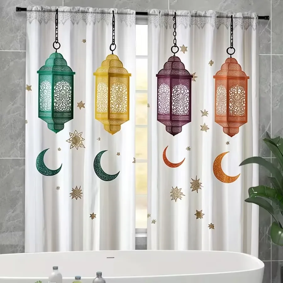 2 PCS Four Color Moon Curtains, Ramadan Festival Style Window Drapes for Living Room Bedroom Home Decor Polyester Rod Pocket