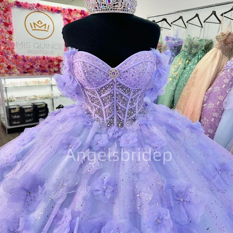 Angelsbride Charming Lilac Ball Gown Quinceanera Dresses Vestidos De 15 Quinceañera 3D Handmade Flower Princess Girl Party Dress