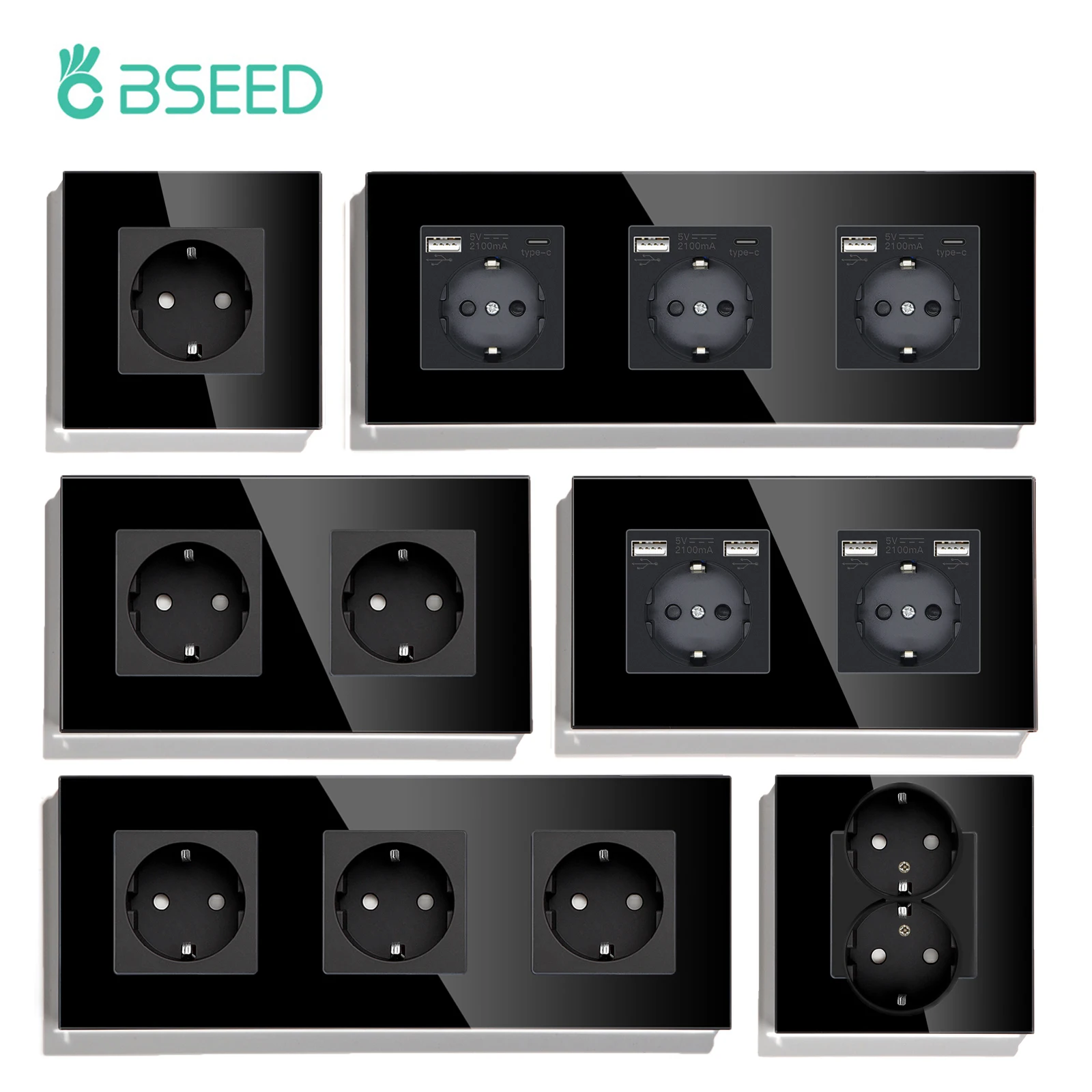 BSEED EU Standard Wall Sockets Single Powerful Outlets Black Double Frame Sockets Glass Panel Triple Sockets Kids Protection 16A